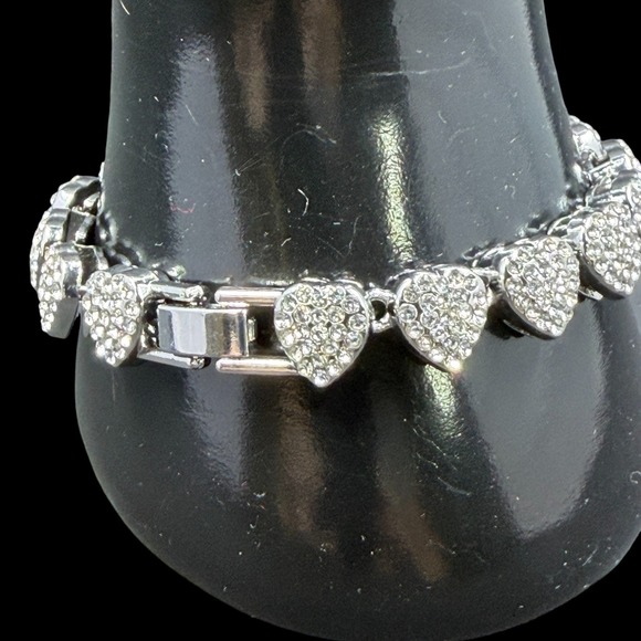 Rhinestone Heart Charm Bracelet Silver Y2K Coquette Romantic Statement Valentine - Picture 3 of 7